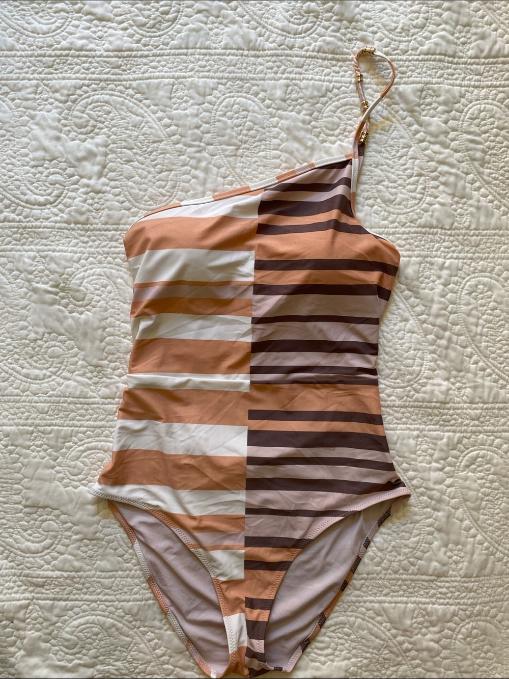 aerie One-Shoulder Striped One-Piece Swimsuit in Peach, White, Brown small